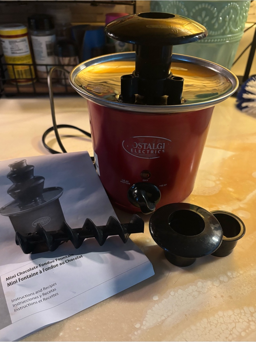 Nostalgia Red Mini Chocolate Fondue Fountain with Black Accessories